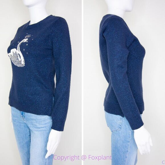 Children's Place shimmering metallic thread sequin swan navy blue sweater, L - Picture 3 of 16
